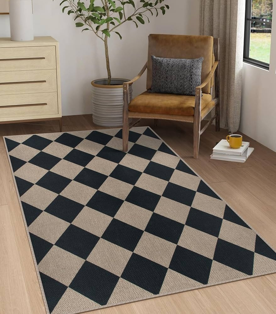Easy Jute Checkered Area Rug, 3x5 Indoor Outdoor Entryway Rug Washable Black Modern Diamond Kitch... | Amazon (US)