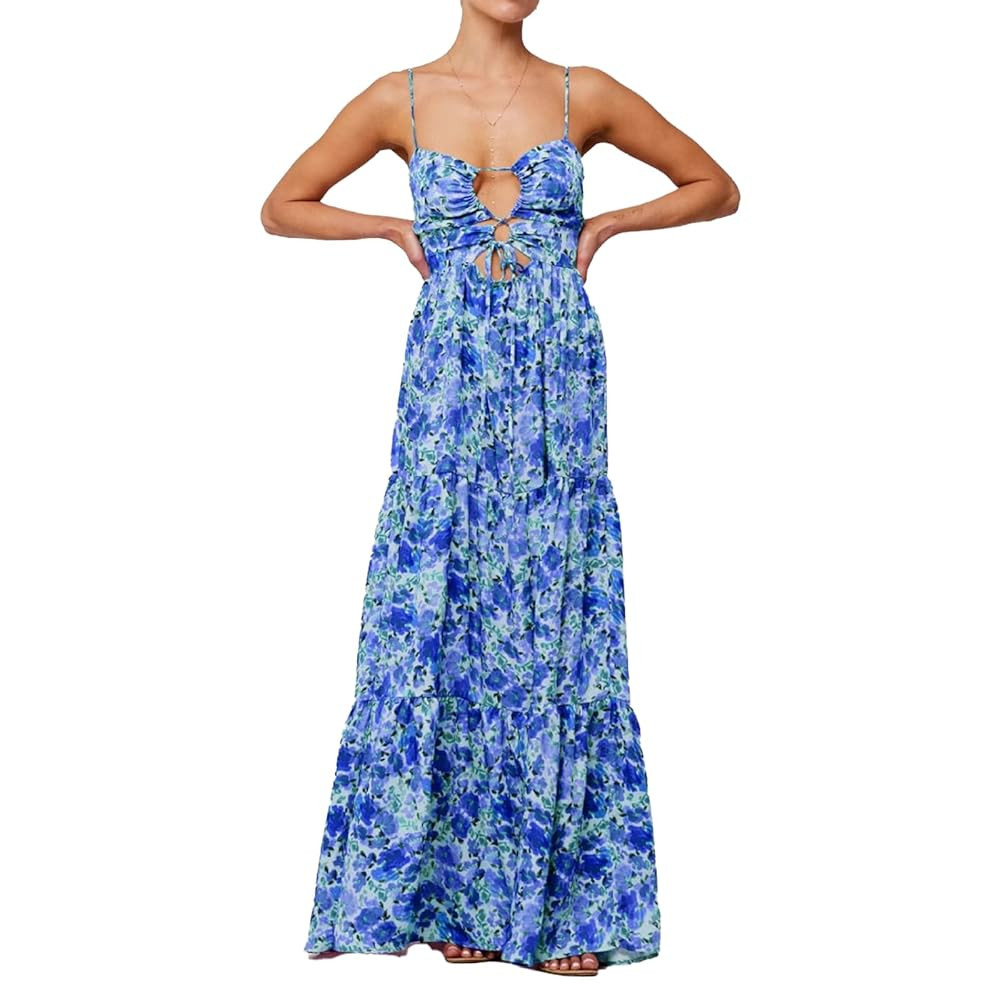 Women Floral Maxi Dress Tie Front Cut Out Backless Boho Spaghetti Strap Summer Beach Sundress | Amazon (US)
