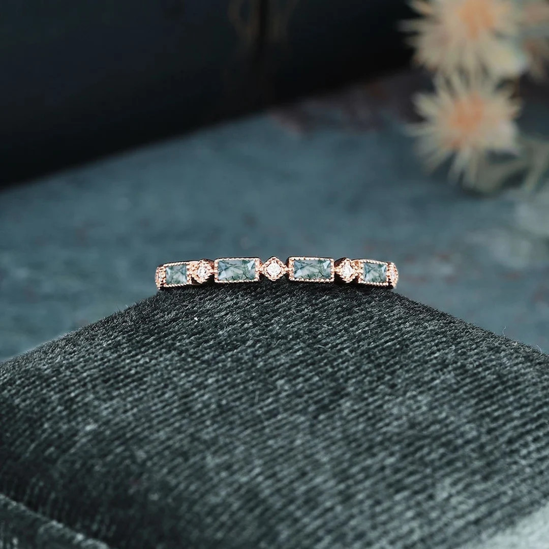 Moss Agate Ring Rose Gold Wedding Band Women Dainty Moissanite Rose Gold Stacking Matching Band B... | Etsy (US)