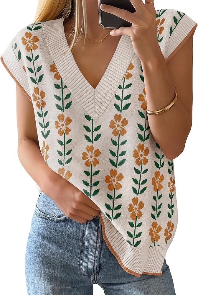 ZESICA Women's Floral Sleeveless Sweater Vest 2026 Summer Oversized Cap Sleeve V Neck Loose Knit ... | Amazon (US)