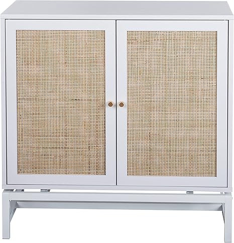 White Sideboard Buffet Side Cabinet Rattan Cupboard with Natural Rattan, 2-Tier Storage Cabinet R... | Amazon (US)