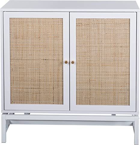 White Sideboard Buffet Side Cabinet Rattan Cupboard with Natural Rattan, 2-Tier Storage Cabinet R... | Amazon (US)