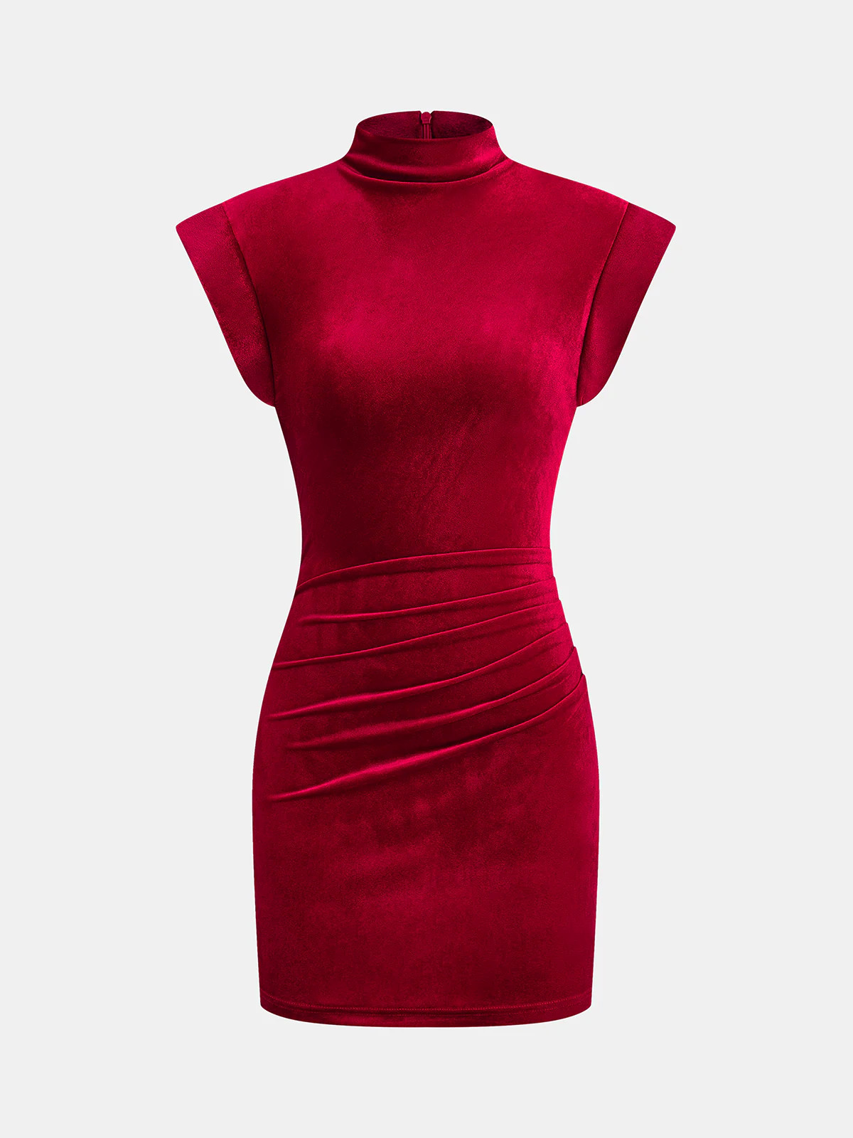 Velvet Mock Neck Ruched Sleeveless Dress | Commense