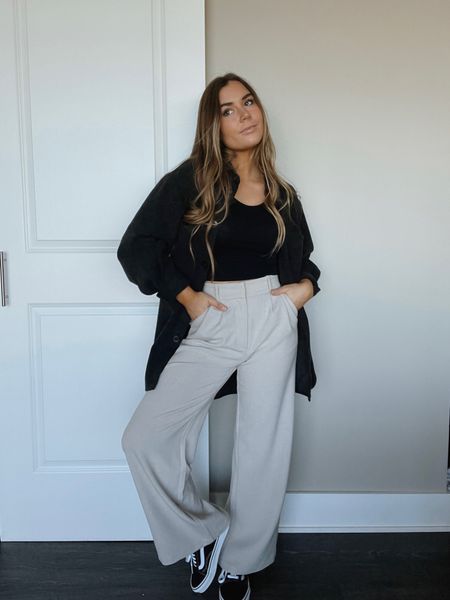 abercrombie wide leg trousers, abercrombie outfits, h&m shacket, black vans outfit, styling inspo, style guide, style inspo, outfit ideas, outfit inspo, casual outfits, neutral outfit, neutral fashion