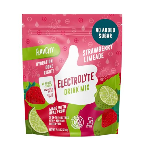 FlavCity Strawberry Limeade Electrolytes Powder Packets - 28 Hydration Packets - No Added Sugar - Hydration Powder with Real Fruit & Unrefined Sea Salt - Keto & Gluten-Free (28 Stick Packs) | Amazon (US)
