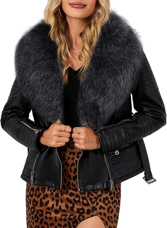 Bellivera Women's Faux Leather Jacket Moto Biker Sherpa-Lined Coat with Removable Fur Collar | Amazon (US)