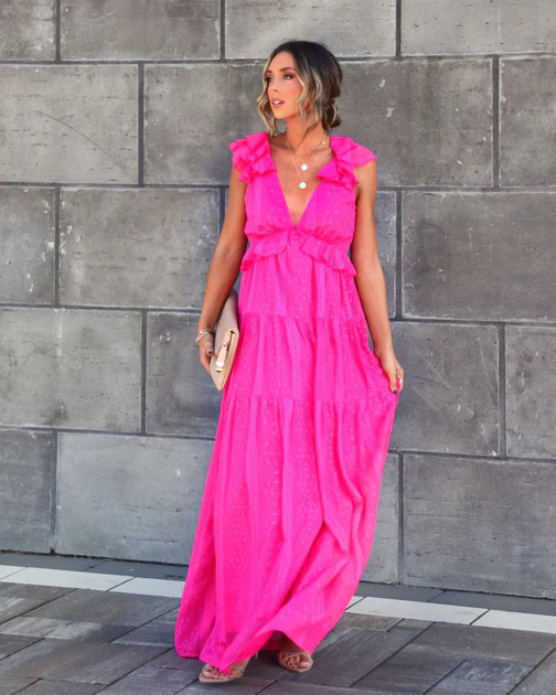 Debbie Embroidered Ruffle Maxi Dress - Fuchsia | VICI