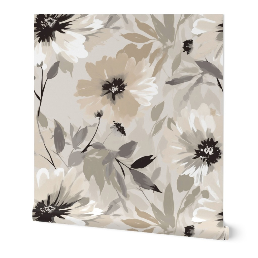 Wallpaper in Painted neutral beige ivory floral | Spoonflower