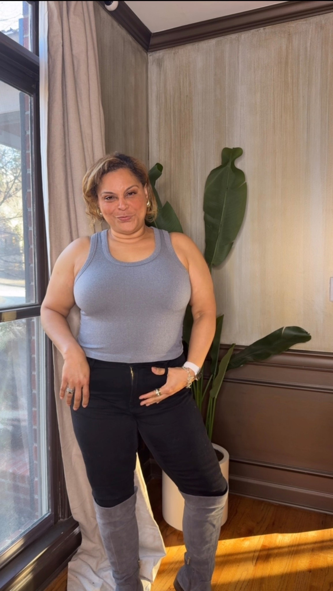 Sometimes simple is better than- jeans, tank boots! Chef’s kiss.
Over knee boots Grey Tank Sleeveless top Black denim Black jeans 

#LTKgrwm #LTKMidsize #LTKOver40