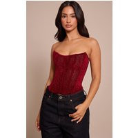 Petite Red Velour Printed Corset Top | PrettyLittleThing IE
