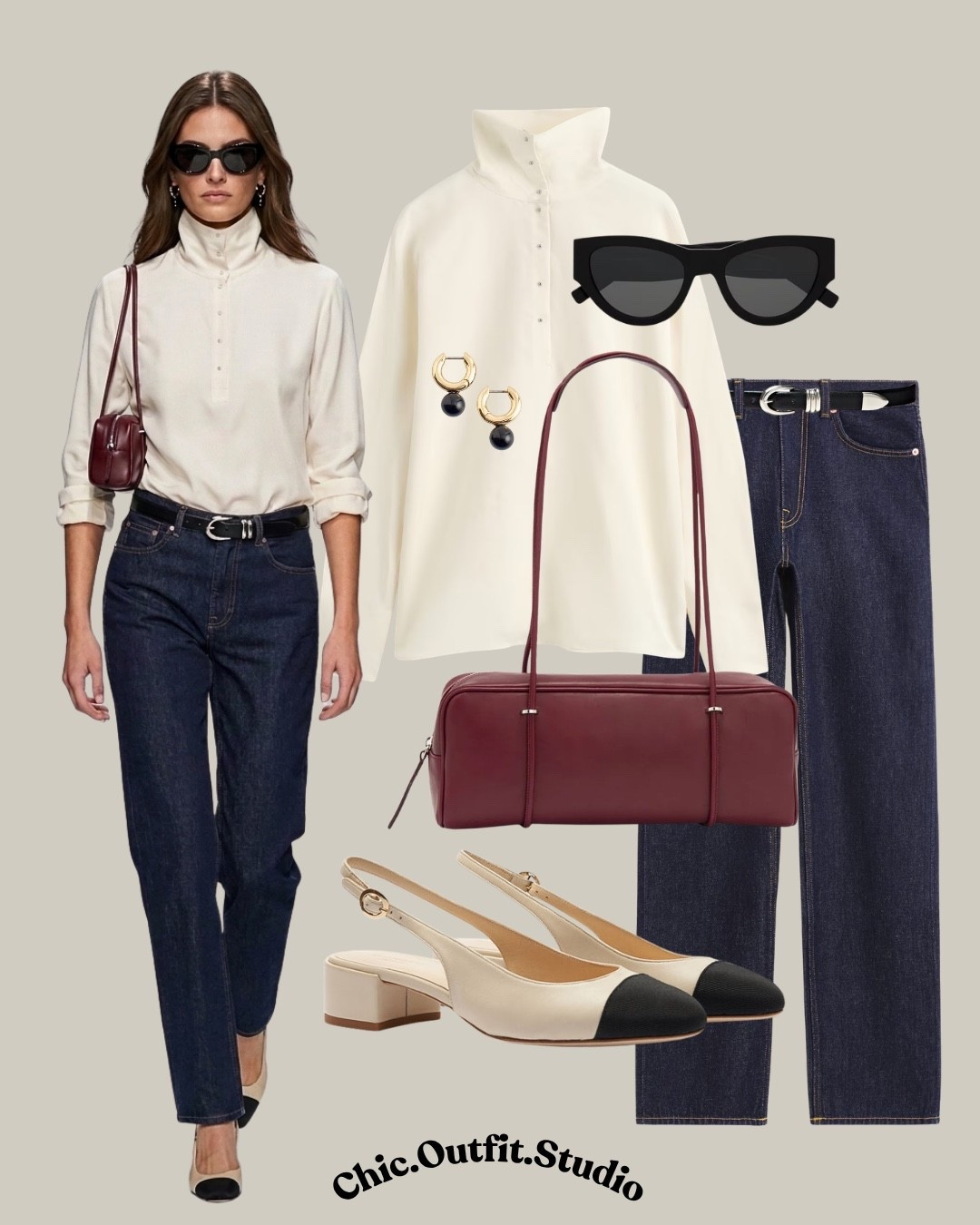 Ivory High-Neck Blouse + Dark Denim + Burgundy Accessories

✨An elegant ivory high-neck blouse paired with dark-wash straight-leg jeans creates a timeless fall smart casual outfit with a polished European feel. Burgundy leather accessories add a rich autumnal accent, while classic two-tone slingback heels and a sleek black belt keep the look refined. 

✨Perfect for office days, business casual meetings, work lunches, travel days, coffee dates, or weekend city plans. This is an effortless elevated-basics formula that makes denim feel instantly more sophisticated for fall.

✨Tags: ivory blouse outfit women, white blouse and jeans outfit, fall smart casual outfit, dark wash jeans outfit women, burgundy accessories outfit, fall workwear women, business casual jeans outfit, high neck blouse outfit, two tone slingback outfit, elegant casual outfit women, European style outfit, minimalist fall wardrobe, classic fall outfit women, elevated denim outfit, office outfit with jeans, timeless capsule wardrobe

#LTKjeans #LTKautumn #LTKbag