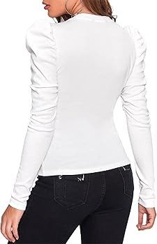 Remidoo Women's Solid Round Neck Puff Long Sleeve Slim Fit T Shirt Tops | Amazon (US)