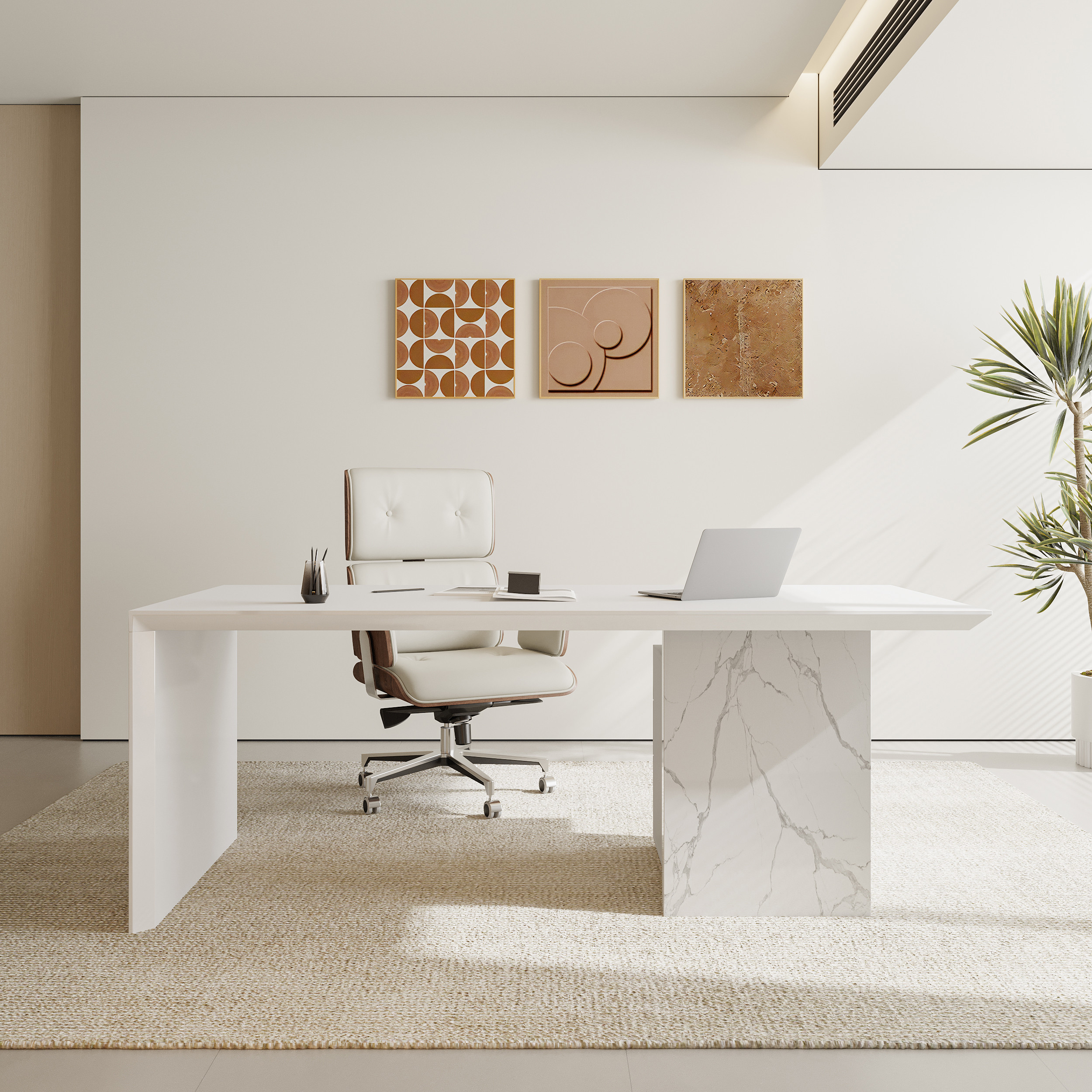 70.9" Modern Wooden White Home Office Desk & Off White Home Office Chair Set High Back | Homary