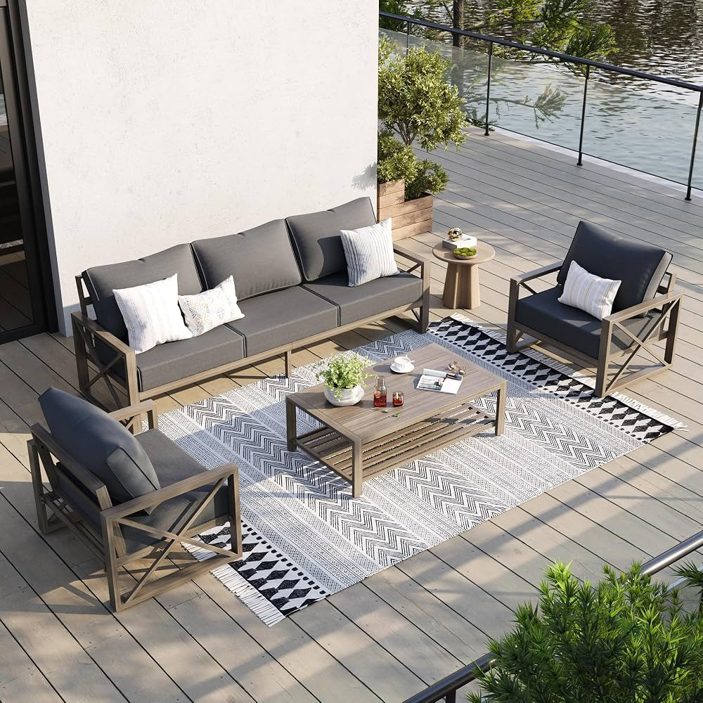 UDPATIO 4 Pieces Aluminum Patio Furniture Set Modern Outdoor Furniture Faux Wood Grain Patio Conv... | Amazon (US)