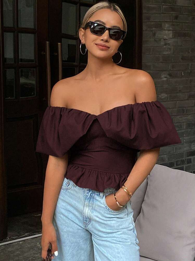 Strévra Women's Solid Color Strapless Off Shoulder Elegant Cropped Blouse, Autumn Going Out Tops | SHEIN
