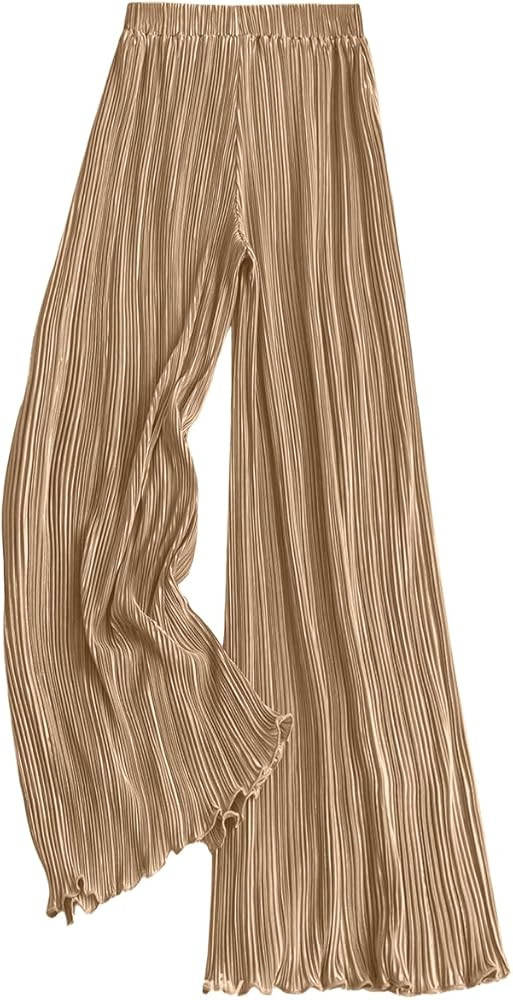 Satin Pants for Women Dressy Flowy Palazzo Plisse Silk Pants Wide Leg Pleated Casual Trousers | Amazon (US)