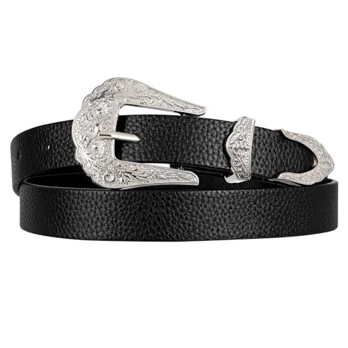 WHIPPY Western Belts for Women - Vintage Western Design Ladies Cowgirl Waist Belt for Pants Jeans Dresses, Silver Buckle Black, L | Amazon (US)