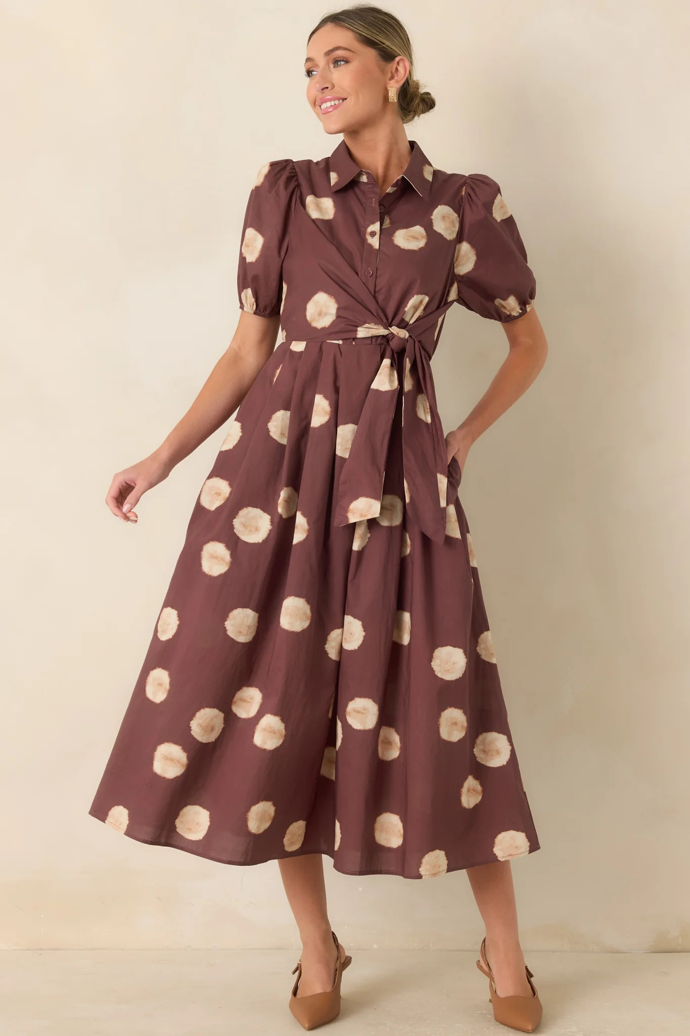 Gather Around Rust Brown Dot Print Cotton Midi Dress | Red Dress