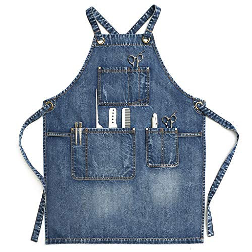 Jeanerlor Denim Hair Stylist Apron With Pockets for Women, Acid Washed Jean Work Tool Aprons Cross Back for Hairstylist (Denim Blue) Adjustable S to L | Amazon (US)