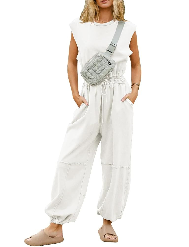 Flygo Womens Casual Jumpsuit Crewneck Cap Sleeve Long Wide Leg Pants One Piece Outfits Drawstring... | Amazon (US)