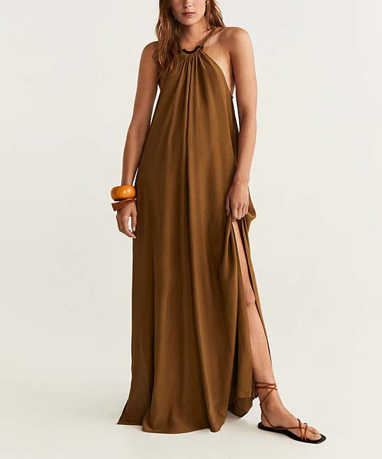 MANGO Women's Casual Dresses BROWN - Brown West Side-Slit Halter Maxi Dress - Women | Zulily