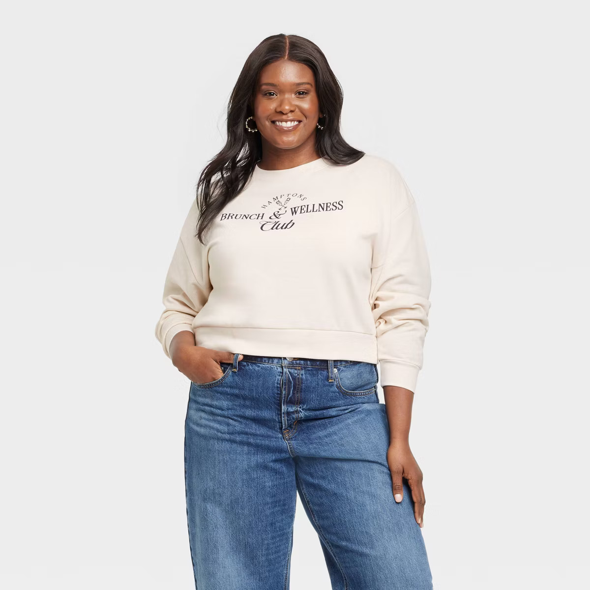 Women's Brunch and Wellness Cropped Fleece Graphic Sweatshirt - Beige | Target