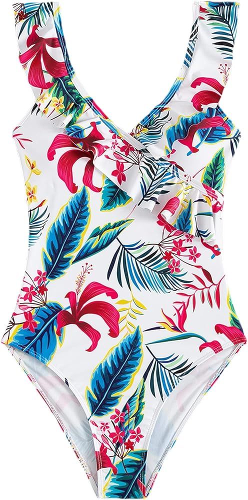 Floerns Women's One Piece Swimsuit Tropical Ruffle V Neck Monokini Swimwear | Amazon (US)