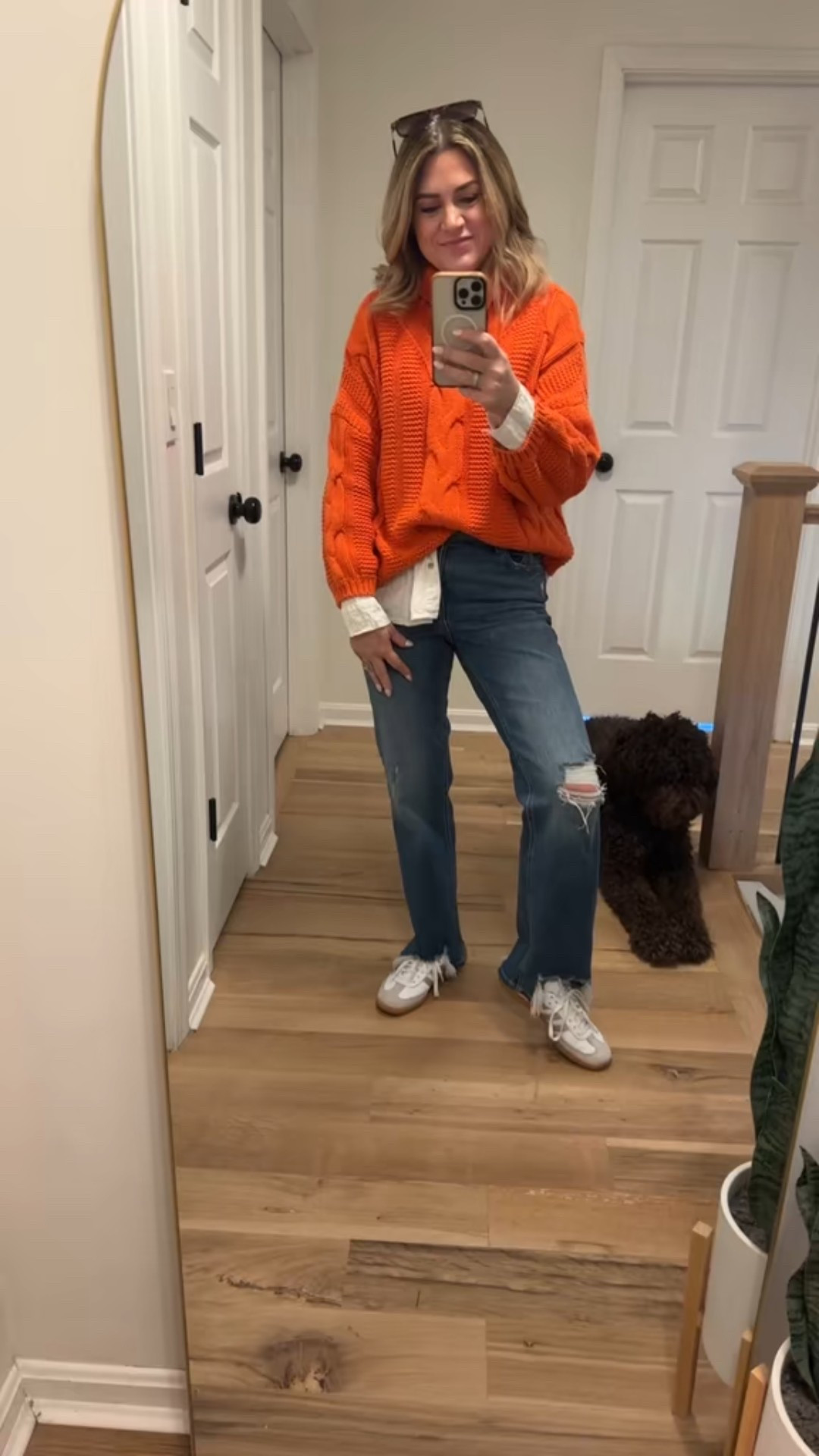 Loving this chunky orange turtleneck layered over my white button down.  I paired it with my adidas sambas! 

#LTKootd