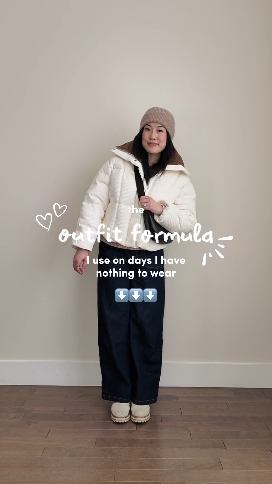 The “nothing to wear” outfit formula ✨
When nothing feels right, I go back to this every time:

1️⃣ Start with a natural fibre sweater - wool, cashmere, cotton. They just look more expensive and feel better on the body. Bonus if there’s  added detail like the half zip on this sweater.

2️⃣ baggy dark wash jeans - dark denim is doing a lot of the heavy lifting here. To me it elongates and slims, and makes everything look intentional.

3️⃣ a jacket that matches the tones of your shoes - this one trick makes the outfit look put together without trying.

4️⃣ accessorize - a bag, a hat, a scarf. Just pick two or three and you’re done.

This formula works because every piece is easy but also doing a job - nothing is random.

Wearing Petite Studio sweater and jacket both XS, Fabrique jeans XS. Unavailable to link Poppy Barley bag and boots (both old) - linked similar bag. 

#LTKPetite #LTKootd