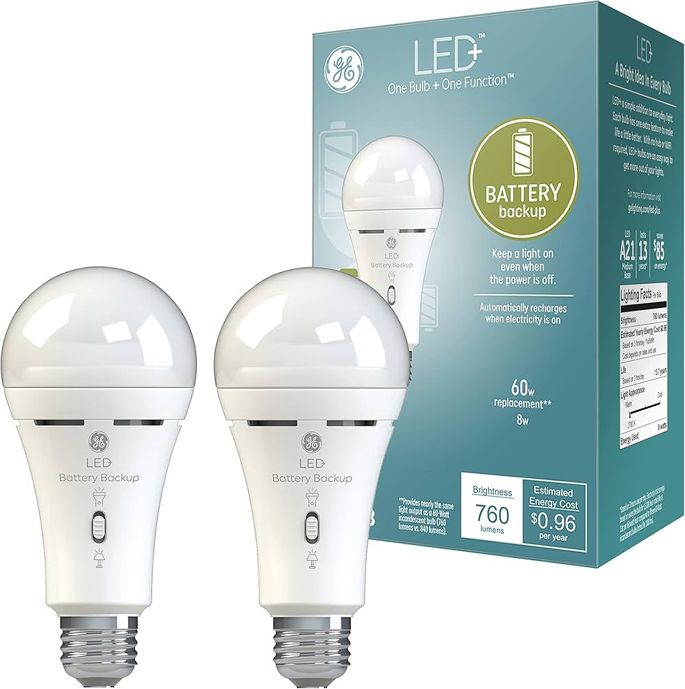GE LED+ Battery Backup Emergency Light Bulb for Power Outages, Flashlight Bulb, A21 (2 Pack) | Amazon (US)