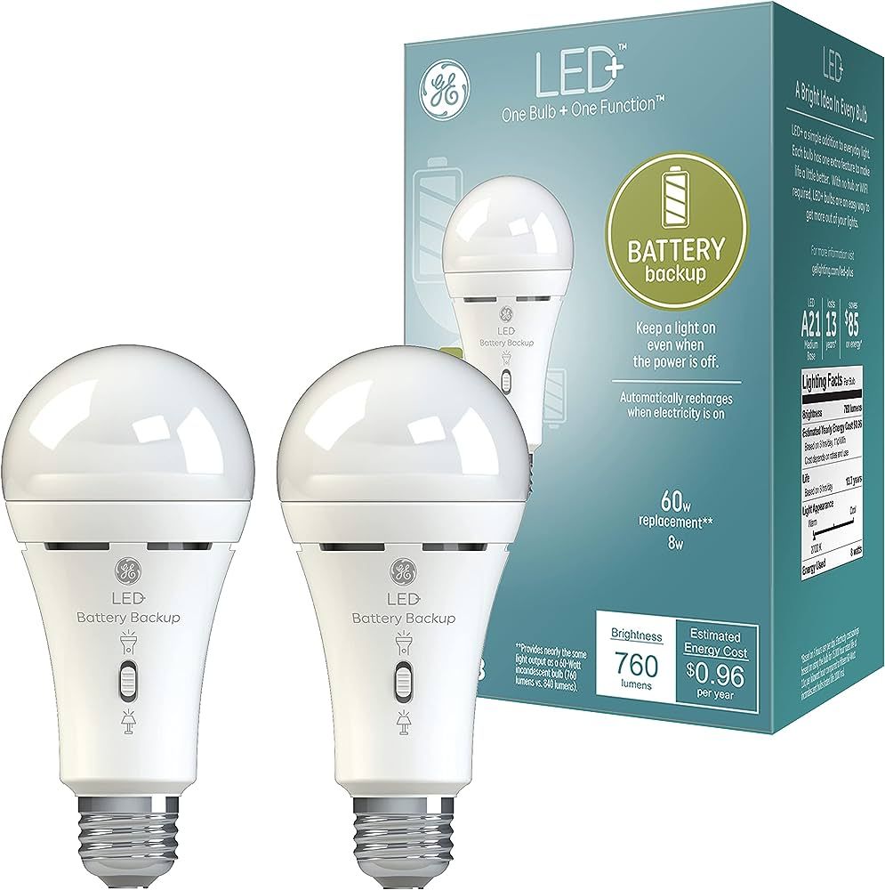 GE LED+ Battery Backup Emergency Light Bulb for Power Outages, Flashlight Bulb, A21 (2 Pack) | Amazon (US)