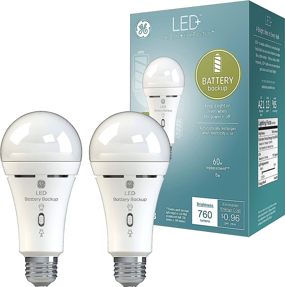 GE LED+ Battery Backup Emergency Light Bulb for Power Outages, Flashlight Bulb, A21 (2 Pack) | Amazon (US)