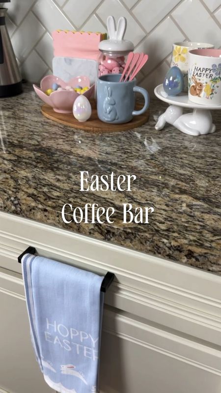 The iridescent Easter eggs and bunny ears jar and hand towels  are from the dollar spot. 

I haven’t given our coffee bar area a refresh since Christmas so this was fun to put together! My kids helped me pick the mugs and candy for the jars. I especially love the soft pinks and blues this Season, and the floral mug is perfect all Spring long! 

How do you think it turned out?

Coffee bar , coffee bar styling , Easter decor , Easter coffee bar , target home decor , target finds , target style , #ltkunder50

#LTKSeasonal #LTKVideo #LTKhome