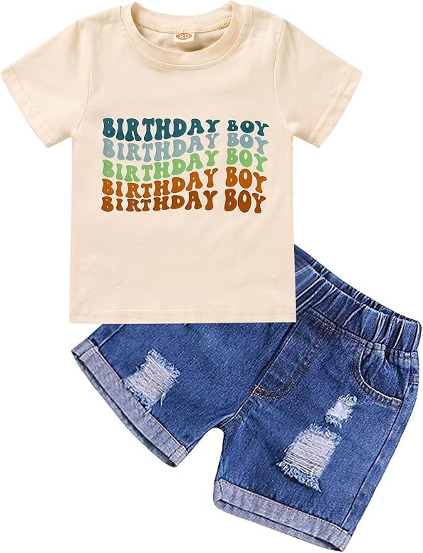 The Birthday Boy Clothes Baby Boy Short Sleeve Letter Print Shirt Denim Short Pants Cake Smash Ou... | Amazon (US)