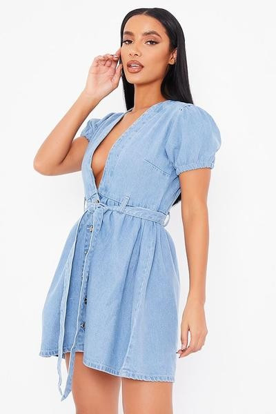 Light Wash Puff Sleeve Denim Dress | ISAWITFIRST