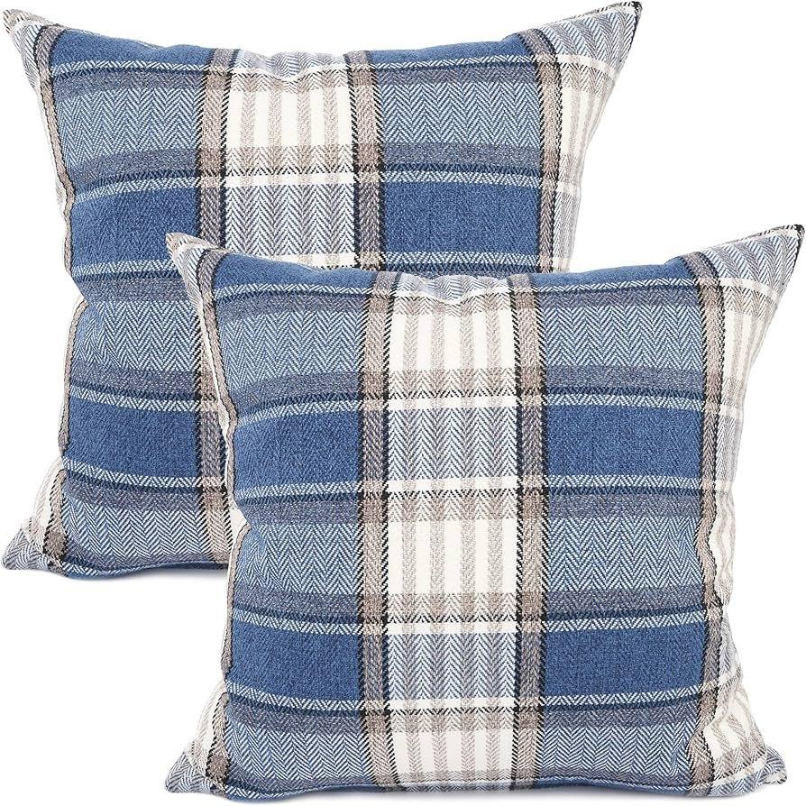 YOUR SMILE Set of 2 Retro Farmhouse Outdoor/Indoor Buffalo Tartan Chequer Stripe Plaid Cotton Lin... | Amazon (US)