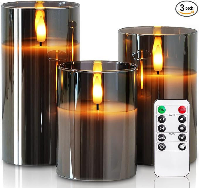 Homemory Grey Glass Flameless Candles, Battery Operated LED Pillar Candles with Remote Control an... | Amazon (US)