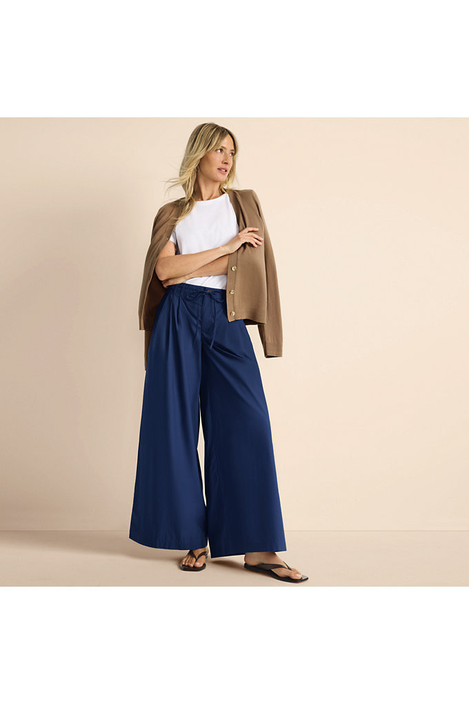 Women's Poplin Mid Rise Pleated Slouchy Pants - Lands' End - Blue - 10 | Lands' End (US)