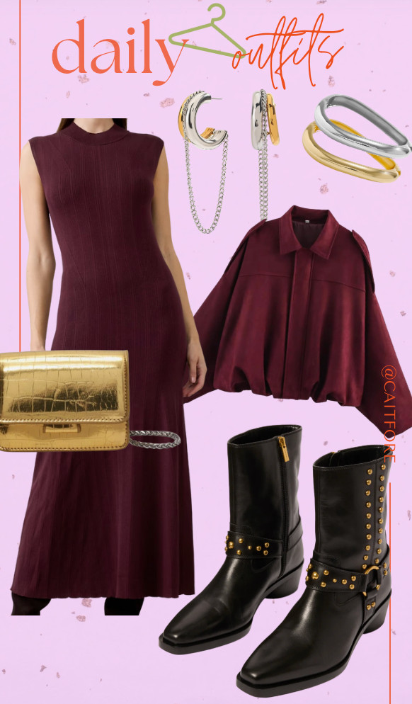 A burgundy sweater dress and cropped bomber outfit with studded boots  

 #LTKSeasonal #LTKFindsUnder50 #LTKStyleTip