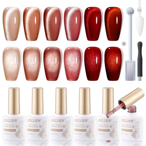 Gellen Glitter Cat Eye Gel Nail Polish Set 6 Colors Red Burgundy Gel Nail Polish with Magnet UV LED Soak Off Sparkle Nail Polish Kit Magnetic Gel Polish Set for DIY Nail Art Women Valentine’s Day Gift | Amazon (US)