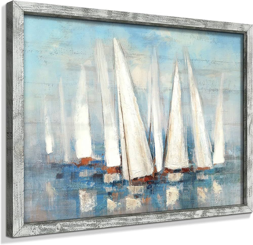 Seascape Framed Painting Wall Art: Abstract Ocean Artwork Coastal Picture Sailboat Prints on Wood... | Amazon (US)