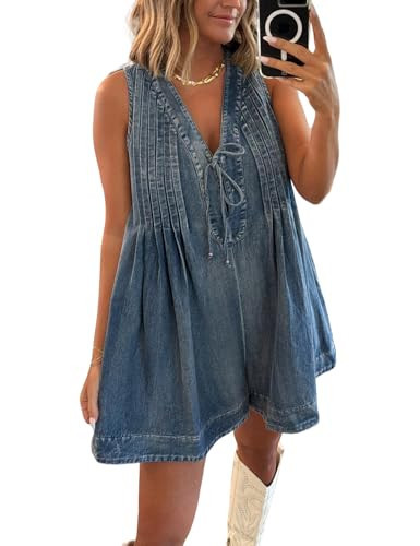 Perbai Women's Casual Summer Jean Romper V Neck Sleeveless Tie Front Denim Romper Overall Shorts with Pockets(DarkBlue-XL) | Amazon (US)