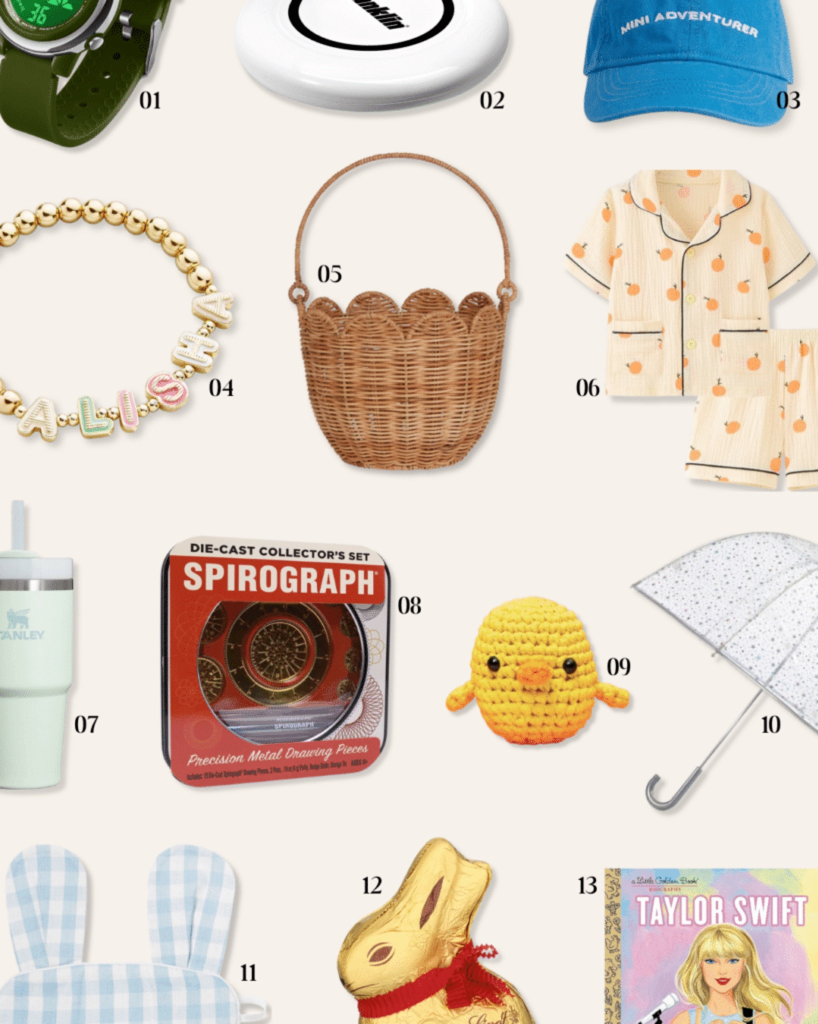 I love putting together Easter baskets for my girls. I do a mix of candy and gifts - even some practical ones like pajamas. Our full Easter basket gift guide is live on ChrisLovesJulia.com today!

Kids waterproof digital watch, frisbee, mini adventurer hat, custom name bracelet, rattan tulip basket, cotton pajama set, Stanley 20oz quencher, Spirograph, woobles beginner crochet set, clear bubble umbrella, gingham bunny eye mask, Lindt milk chocolate bunny, Taylor swift golden book, jump rope, colored stencils, Babiators tortoise sunglasses

#LTKSeasonal #LTKkids #LTKfindsunder50