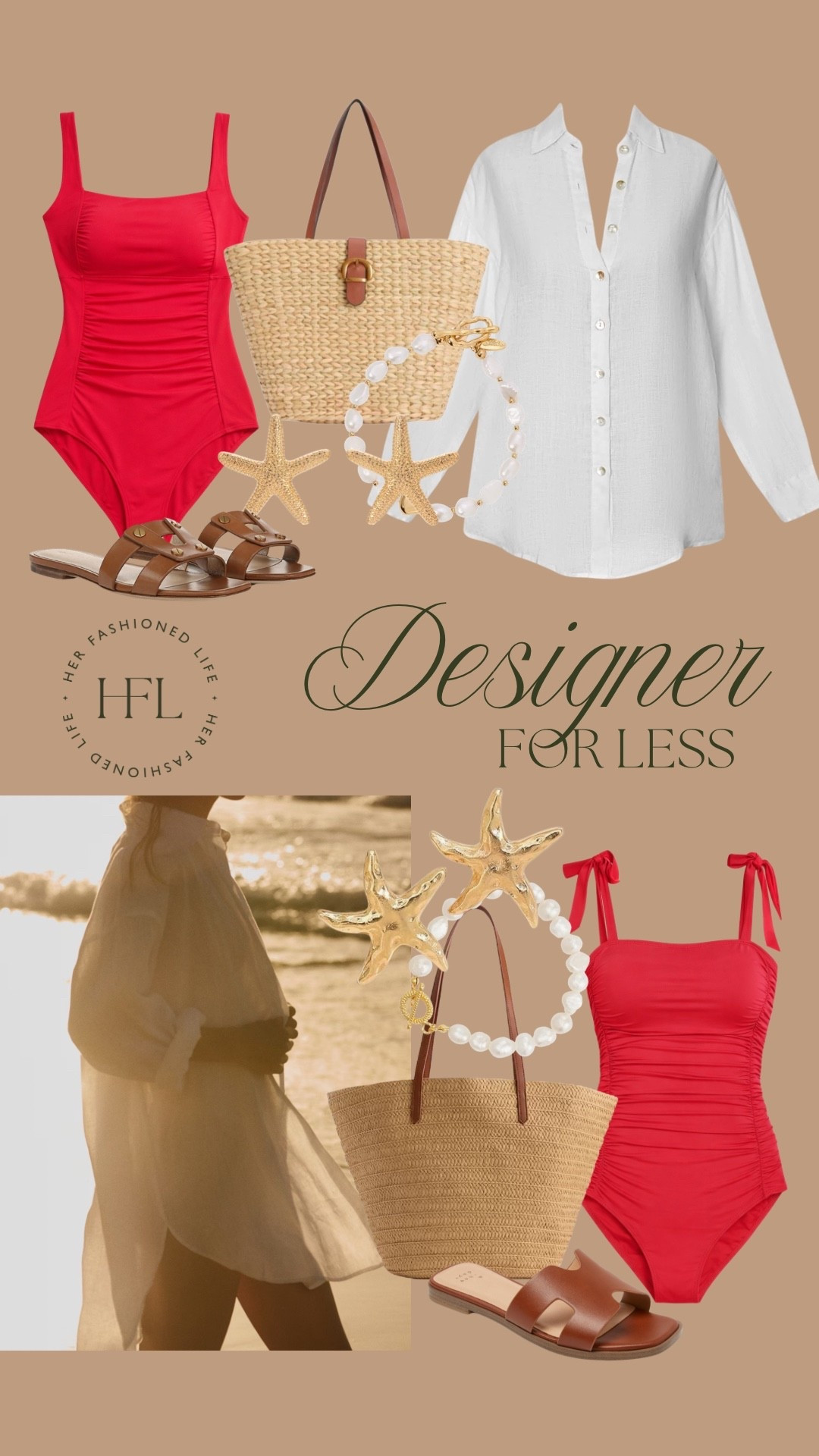 Designer For Less #BeachWear #Swimsuit #Pearls #Sandals #CoverUp #Vacation 

#LTKTravel #LTKOver40