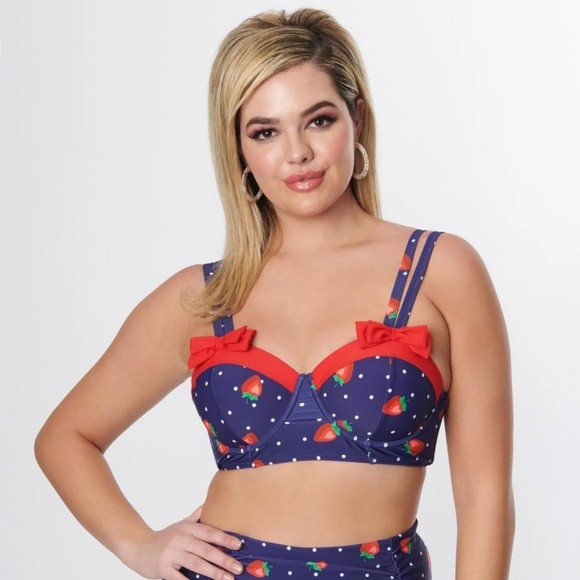 Unique Vintage Navy Strawberry Pin Dot Bowed Over Retro Swim Top Size Medium | Poshmark