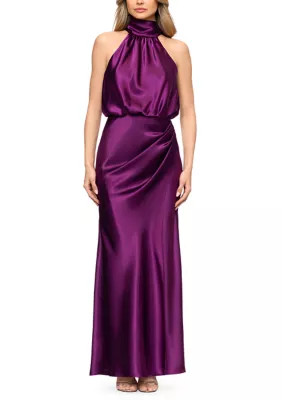 Women's Sleeveless Mock Tie Neck Charmeuse Satin Gown | Belk
