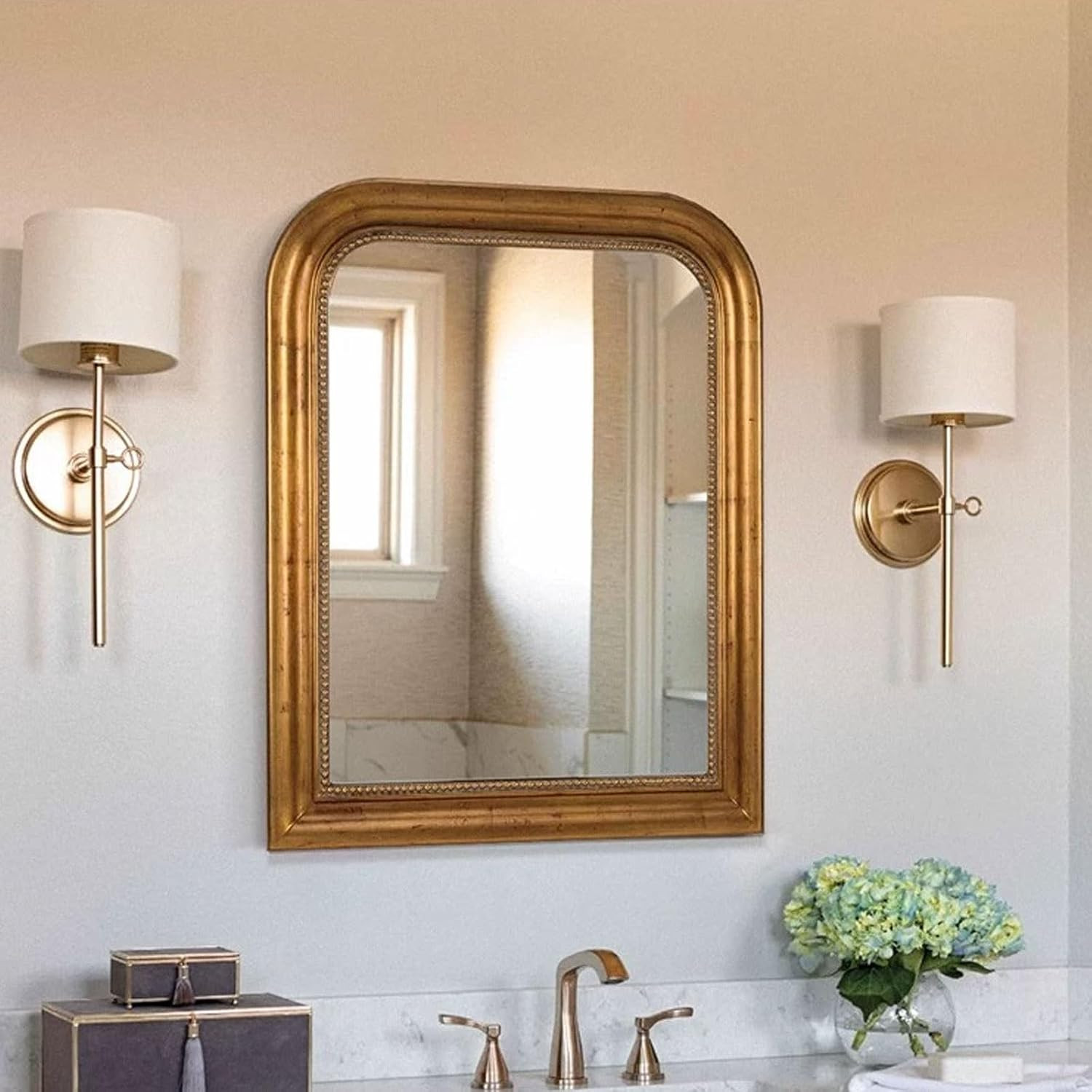 Classic Gold Mirror - Rich Framed Top Round Corner- Thick Arched Top Rich Wall Mirror - Vanity for Bathroom Decor, Bedroom, Living Room(Gold,60x80cm) | Amazon (US)