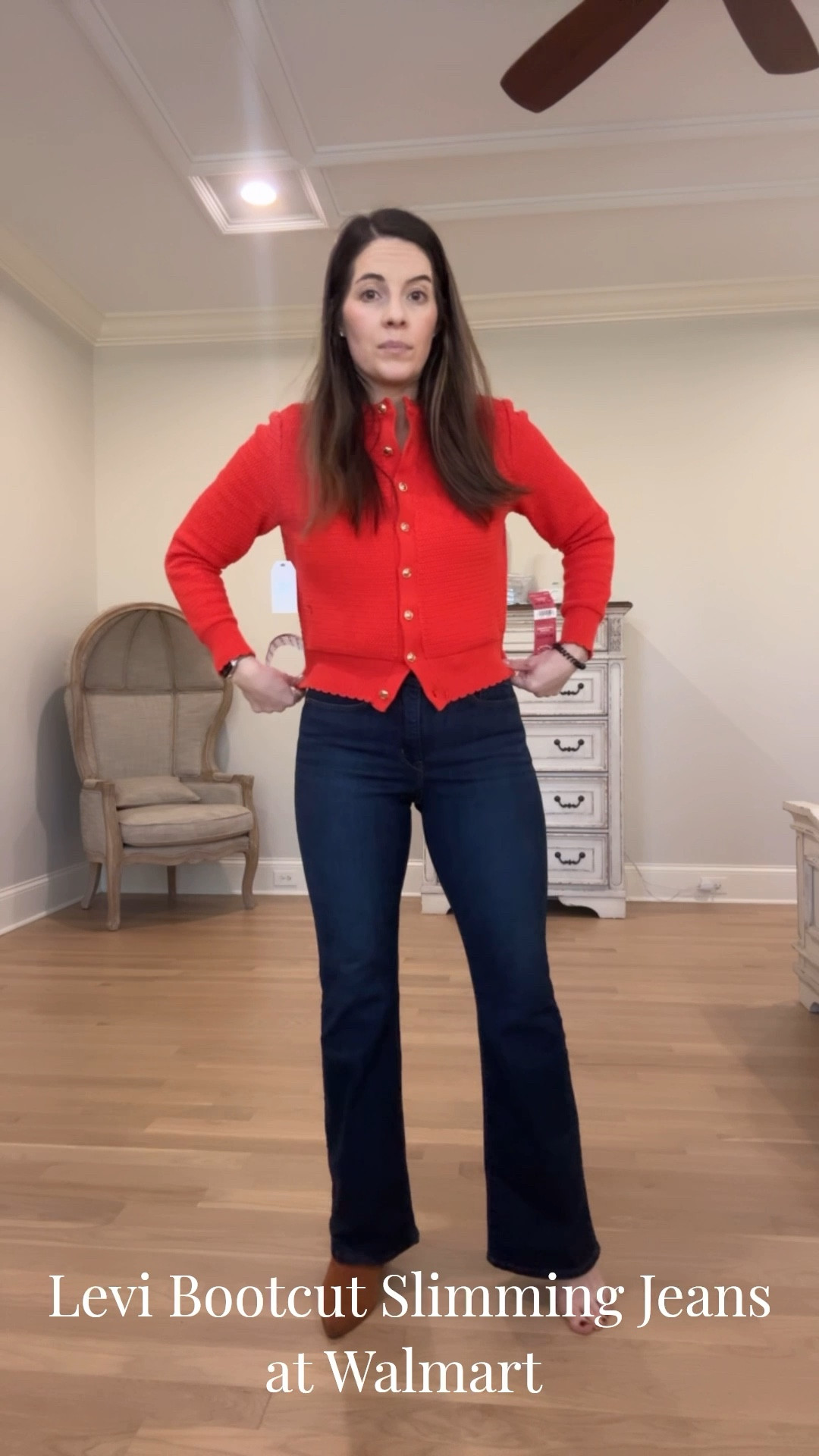 Slimming Levi dark bootcut mid rise jeans from Walmart! Stretchy and true to size. I’m in size 4 with a length of 32. In 5’4. Literally hits the top of floor 🫶🫶🫶🎉
Red Sweater size M. Snug and fits small. Size up 1 or 2.

#LTKgrwm #LTKFindsUnder50 #LTKootd