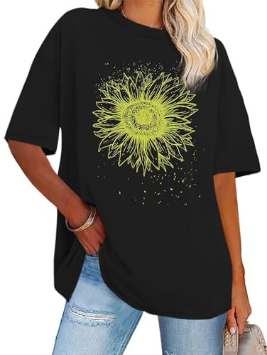 Womens Oversized Tshirt Graphic Tees Crew Neck Summer Short Sleeve Loose Fit Tops, Black Yellow Flower, XXL | Amazon (US)