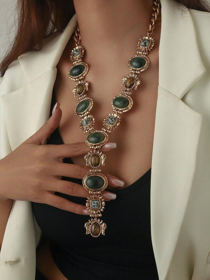 1pc Vintage Exaggerated Fashion Imitation Gemstone Y-Shaped Tassel Long Necklace, Chunky Baroque ... | SHEIN